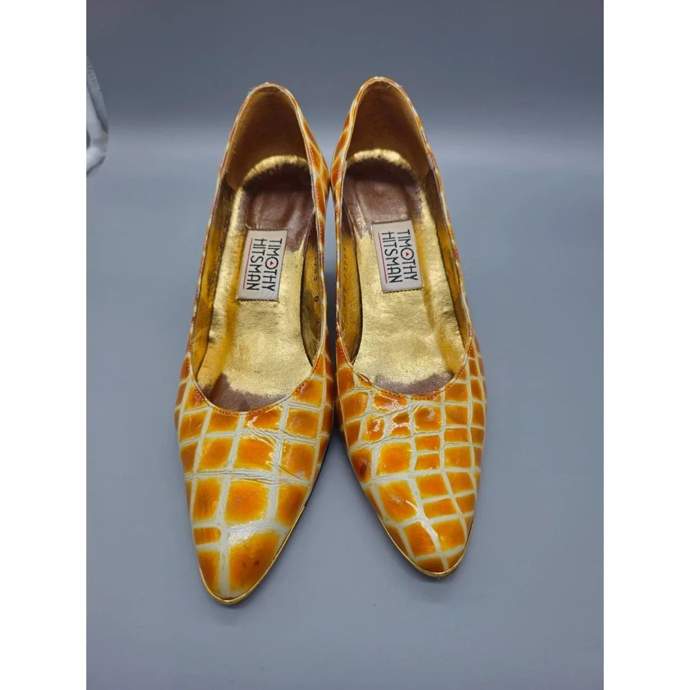Vintage Timothy Hitsman Women 8M Yellow Marbled Square Heels Pump Spain Made